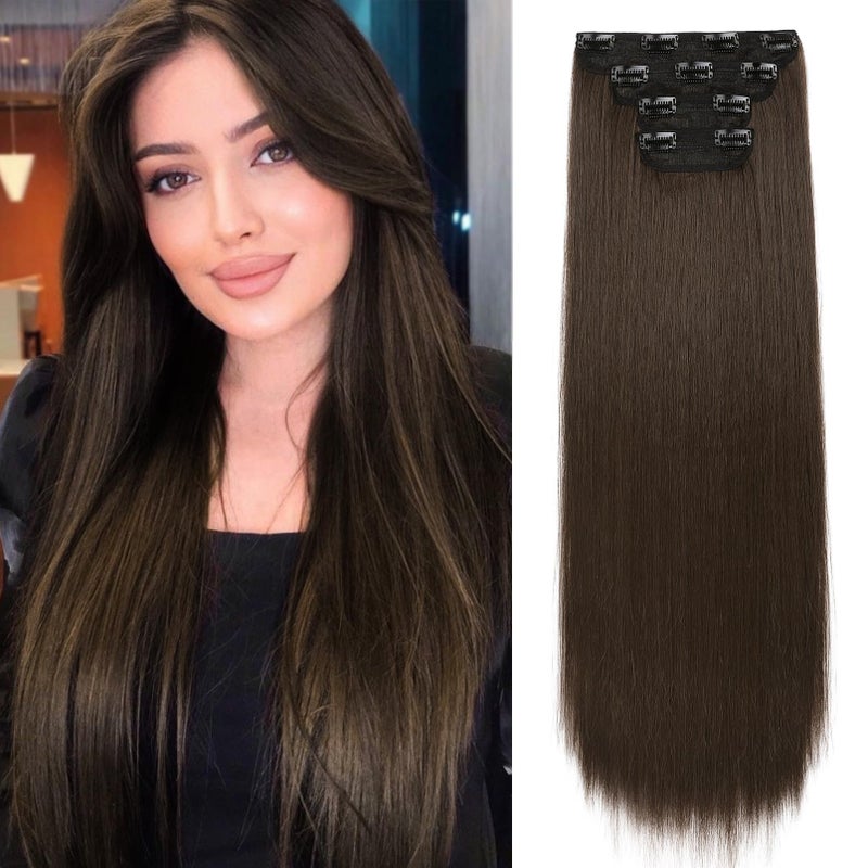 REECHO 28 Straight Long 4 PCS Set Thick Clip in on Hair Extensions Chocolate Brown