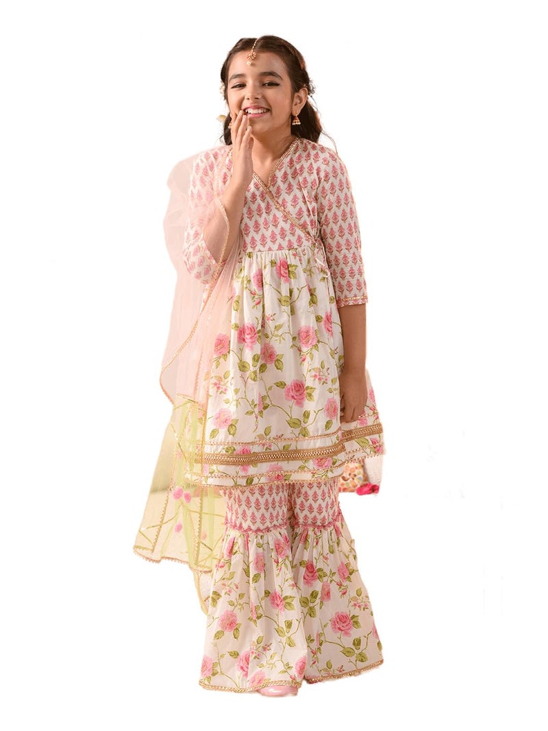 Pspeaches Girls Cotton 3/4th Sleeve V-Neck Floral Print Kurta And Sharara With Dupatta 3 Piece Set|Ethnic Wear For Kids Girls|Traditional & Festive Outfit 8-10 Year Pink & Off White - Image 5