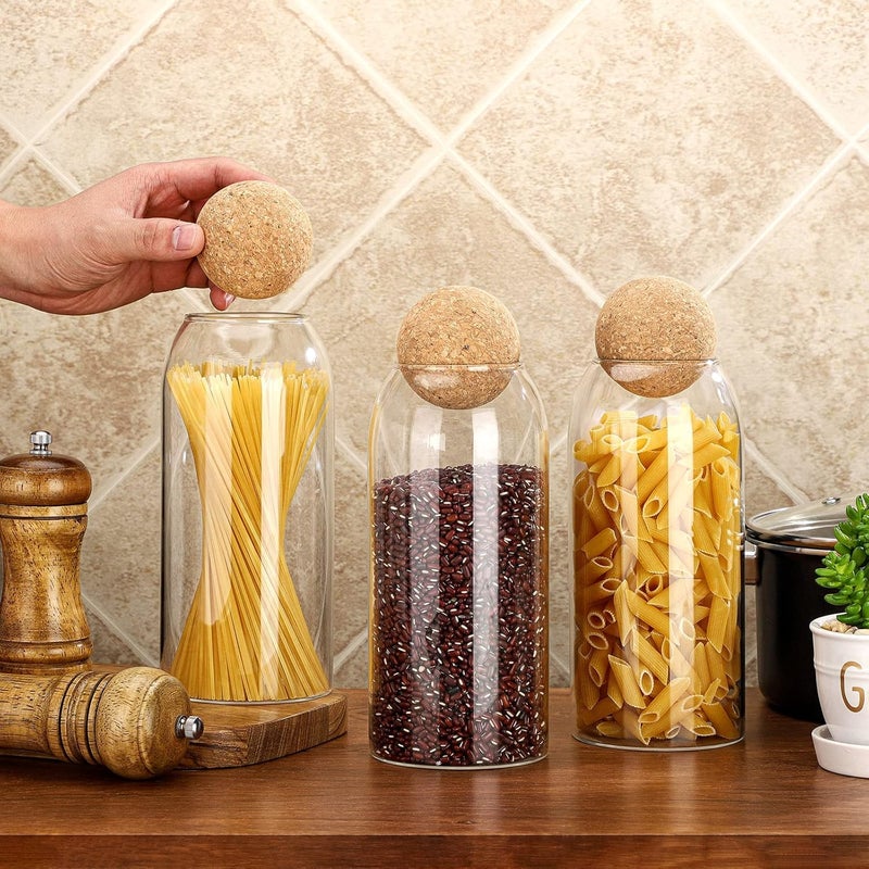 Cunhill 3 Pcs Glass Jar with Ball Cork Lid Decorative Round Bottle Sealed Canister Jar Storage Container Organizer with Airtight Wooden Lid for Food Coffee Bean Candy Biscuits Spice(1000 ML/ 34 Oz) - Image 3