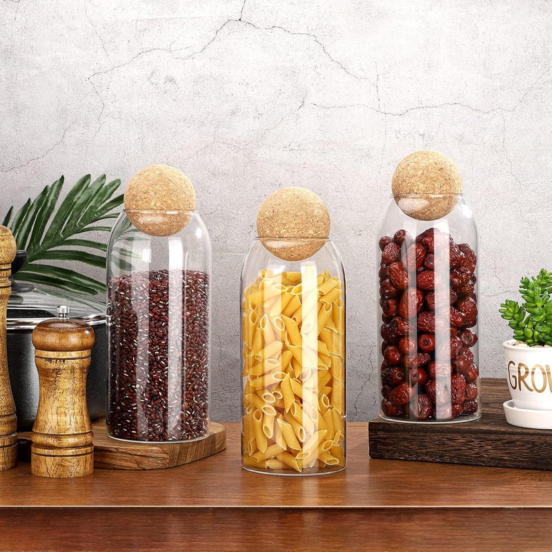 Cunhill 3 Pcs Glass Jar with Ball Cork Lid Decorative Round Bottle Sealed Canister Jar Storage Container Organizer with Airtight Wooden Lid for Food Coffee Bean Candy Biscuits Spice(1000 ML/ 34 Oz) - Image 2