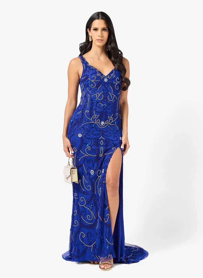 Bead Embellished Evening Gown with Slit