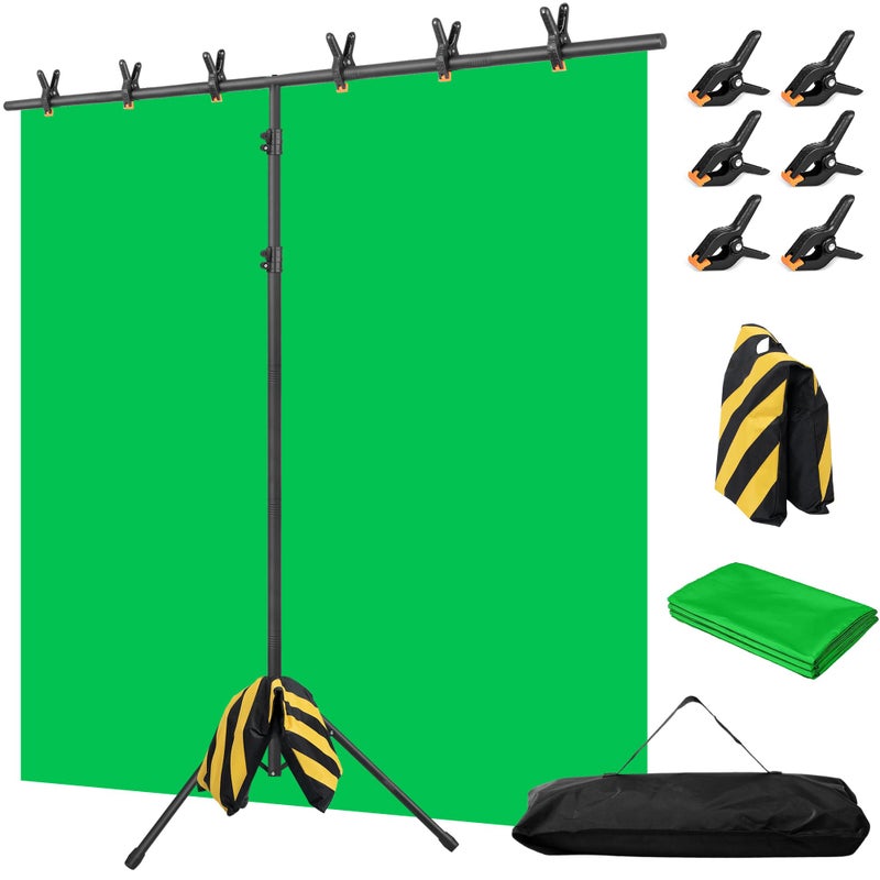 Surprizo Green Screen Backdrop with Stand, 8x7.2ft Portable Greenscreen Background with Stand, T-Shape Green Screen Stand kit with 6 Spring Clamps, Sandbag, Carry Bag for Zoom, Video - Image 1