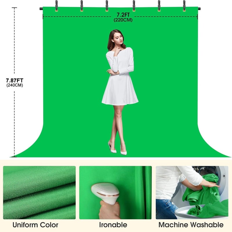 Surprizo Green Screen Backdrop with Stand, 8x7.2ft Portable Greenscreen Background with Stand, T-Shape Green Screen Stand kit with 6 Spring Clamps, Sandbag, Carry Bag for Zoom, Video - Image 3