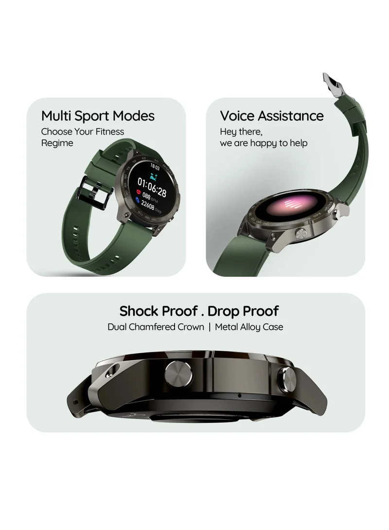 Pebble Cosmos Endure 1.46" Amoled Largest Display Bluetooth Calling Rugged Smart watch, Military Green