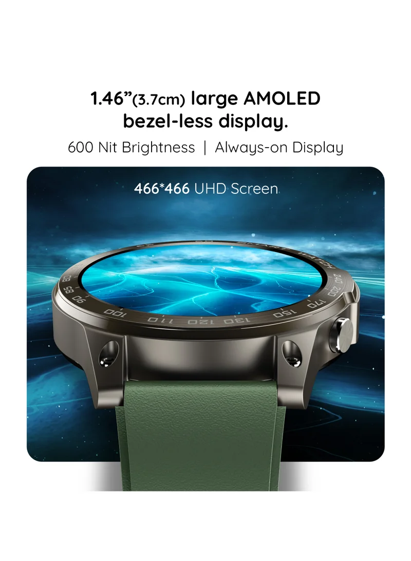 Pebble Cosmos Endure 1.46" Amoled Largest Display Bluetooth Calling Rugged Smart watch, Military Green