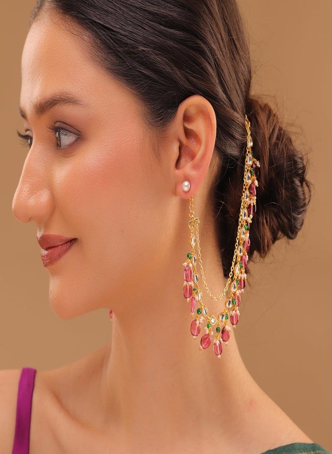 Voylla Pearl Elegance Royal Pink Drop Ethnic Earrings Chain Set for Women Gold Plated Multicolor Ethnic Earrings Chain Wedding Gift for Women - Image 3