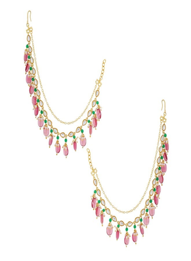 Voylla Pearl Elegance Royal Pink Drop Ethnic Earrings Chain Set for Women Gold Plated Multicolor Ethnic Earrings Chain Wedding Gift for Women - Image 1
