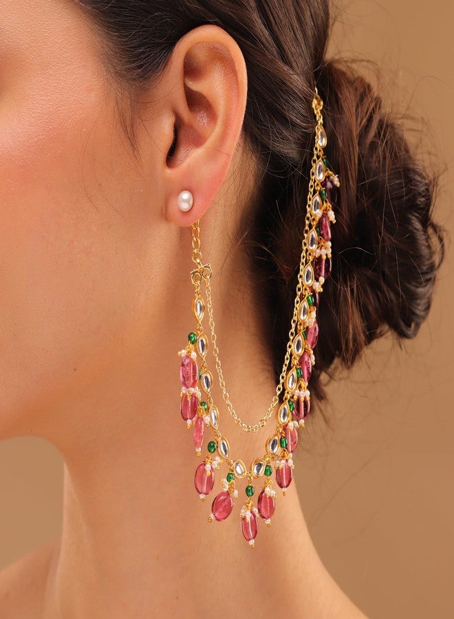 Voylla Pearl Elegance Royal Pink Drop Ethnic Earrings Chain Set for Women Gold Plated Multicolor Ethnic Earrings Chain Wedding Gift for Women - Image 2