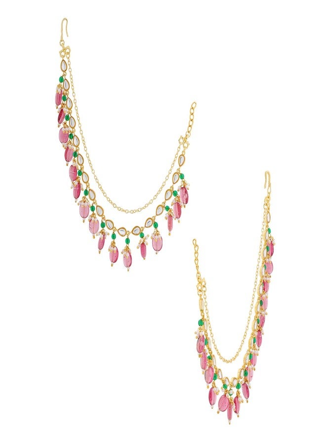 Voylla Pearl Elegance Royal Pink Drop Ethnic Earrings Chain Set for Women Gold Plated Multicolor Ethnic Earrings Chain Wedding Gift for Women - Image 4