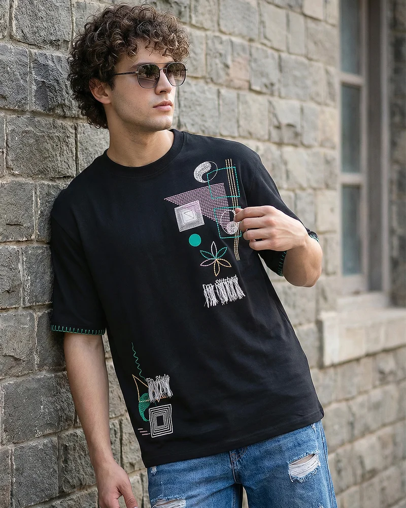 Men's Black Embroidered Oversized T-shirt