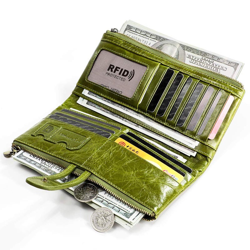 shuainiu Women's RFID Blocking Wallet Soft Leather Clutch Money Ladies Purse Slim Card Holder Organizer Zip Pocket (3513-Green) - Image 3