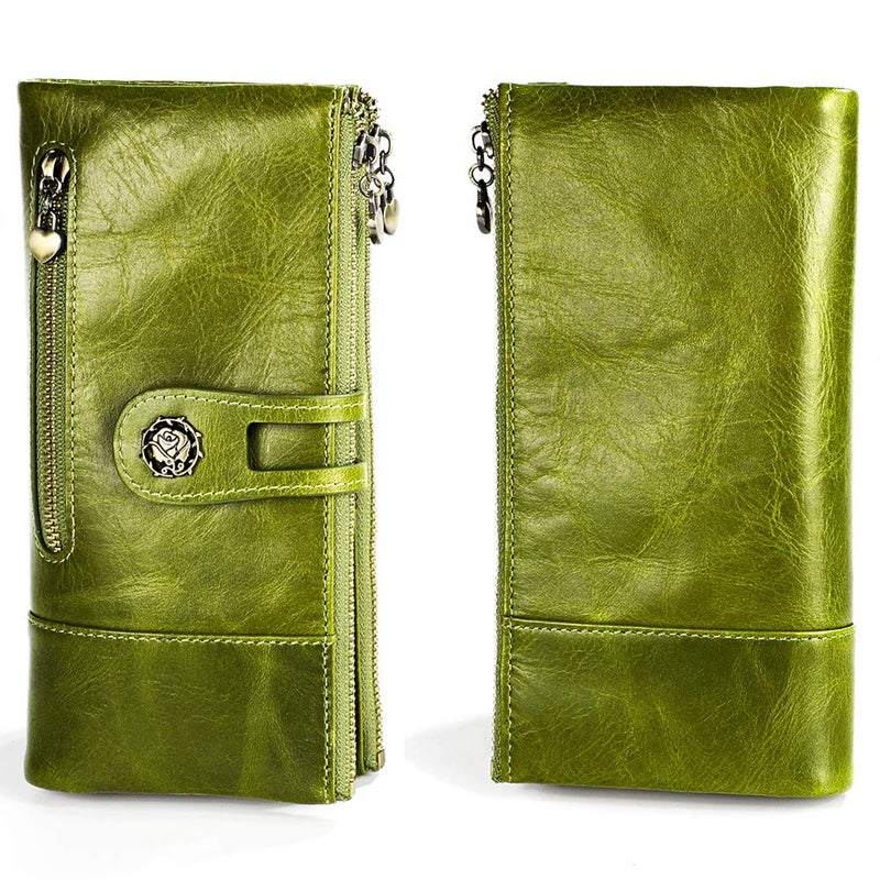shuainiu Women's RFID Blocking Wallet Soft Leather Clutch Money Ladies Purse Slim Card Holder Organizer Zip Pocket (3513-Green) - Image 2