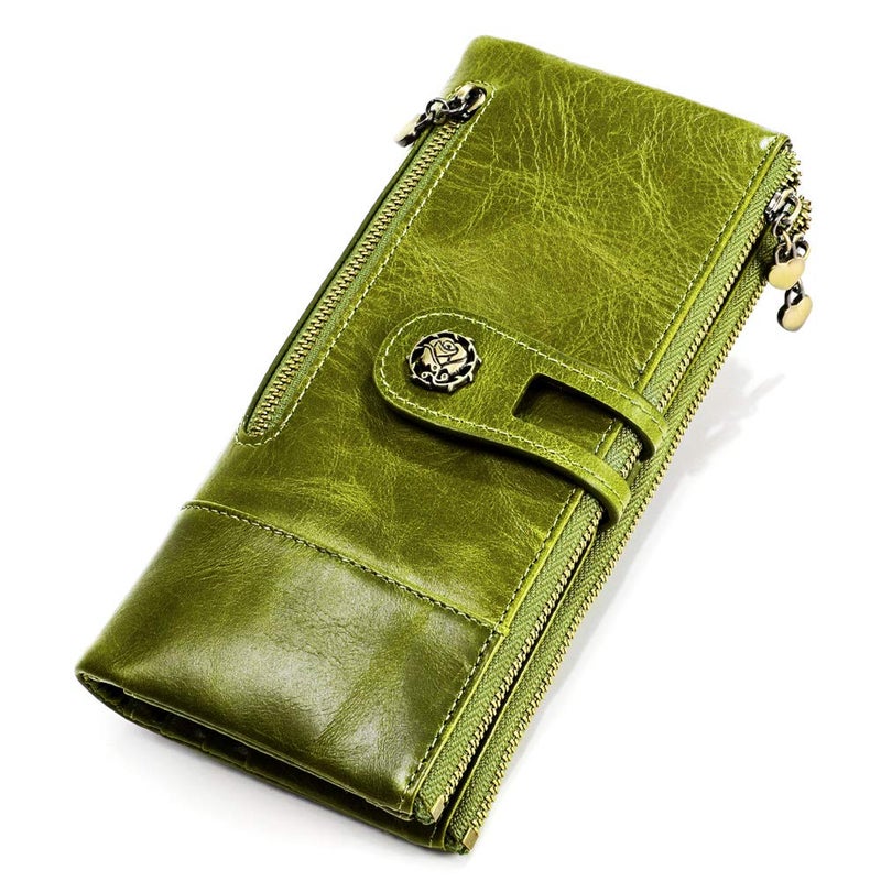 shuainiu Women's RFID Blocking Wallet Soft Leather Clutch Money Ladies Purse Slim Card Holder Organizer Zip Pocket (3513-Green) - Image 1