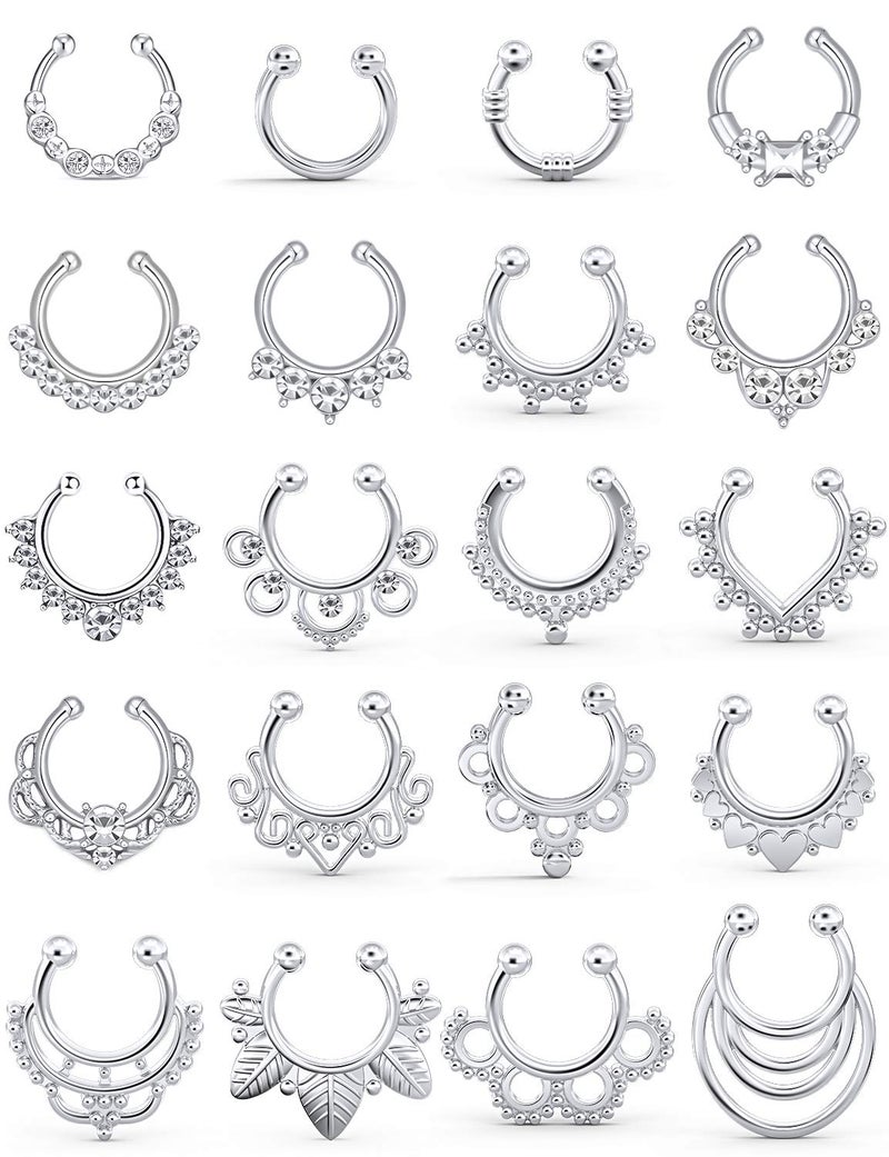 SCERRING Fake Septum Nose Hoop Rings Clear CZ Faux Non Pierced Clicker Hanger Nose Septum Ring Clip On Body Piercing Jewelry 20PCS Silver - Image 1