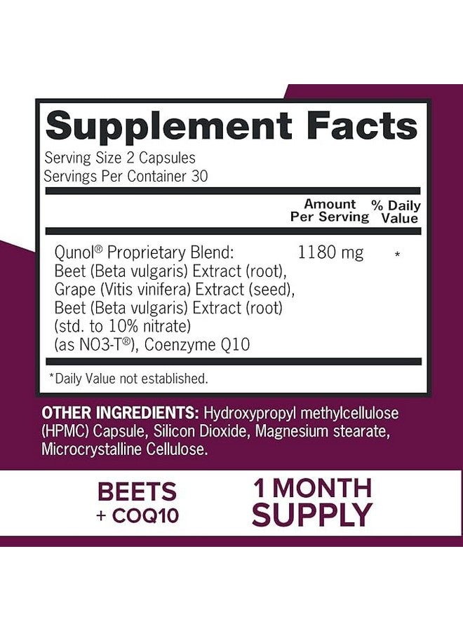Qunol Blood Pressure Support, 3 in 1 Beets + CoQ10 + Grape Seed Extract, Beet Root Capsules That Supports Healthy Blood Circulation & Heart Healthy Energy, 60 Count (Pack of 1) - Image 3