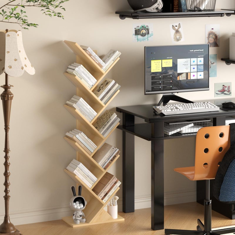 SHEEPAM 10 Tier Tree Book Shelf, Floor Standing Wood Bookshelf for Narrow Space, Storage Organizer Bookshelves for Books/CDs/Magazine, Bookcase with Shelves for Home Office, Living Room - Natural - Image 5