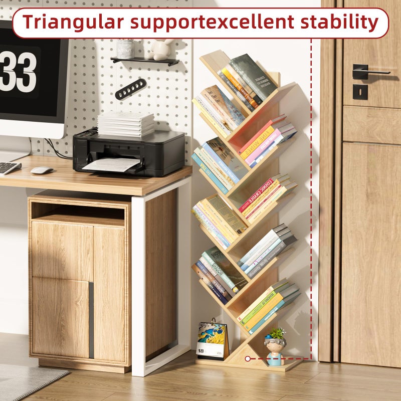 SHEEPAM 10 Tier Tree Book Shelf, Floor Standing Wood Bookshelf for Narrow Space, Storage Organizer Bookshelves for Books/CDs/Magazine, Bookcase with Shelves for Home Office, Living Room - Natural - Image 3