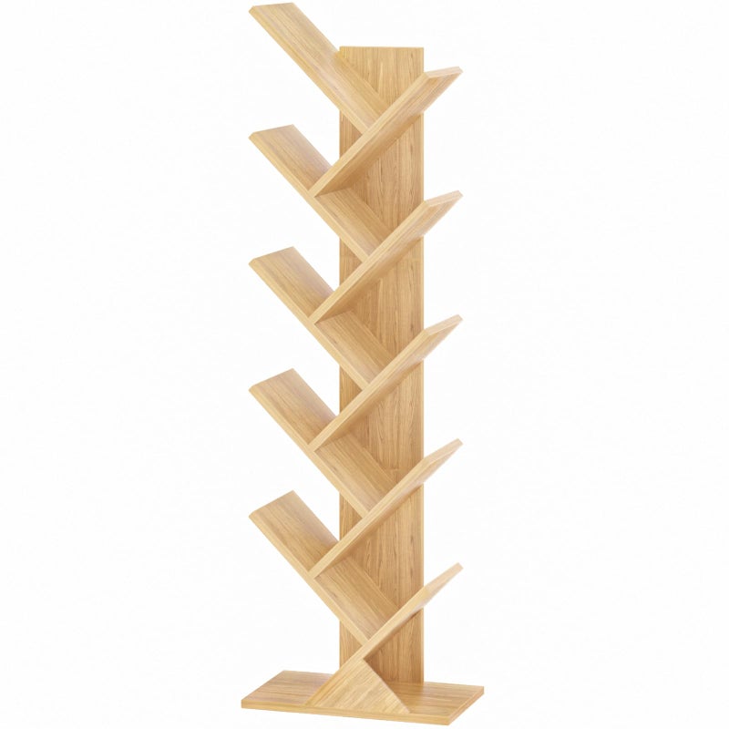 SHEEPAM 10 Tier Tree Book Shelf, Floor Standing Wood Bookshelf for Narrow Space, Storage Organizer Bookshelves for Books/CDs/Magazine, Bookcase with Shelves for Home Office, Living Room - Natural - Image 1