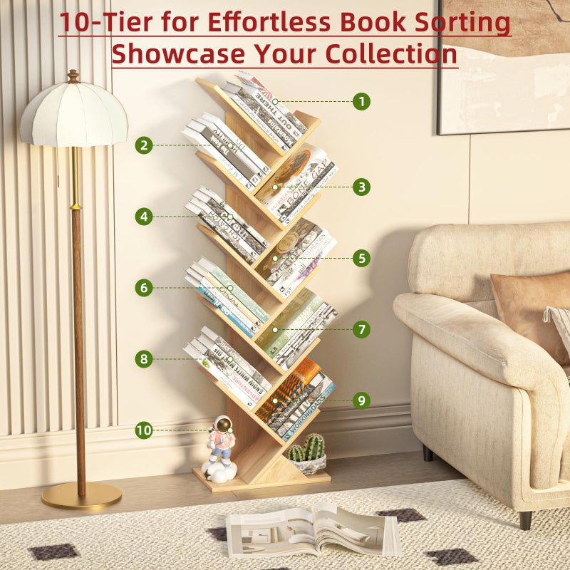 SHEEPAM 10 Tier Tree Book Shelf, Floor Standing Wood Bookshelf for Narrow Space, Storage Organizer Bookshelves for Books/CDs/Magazine, Bookcase with Shelves for Home Office, Living Room - Natural - Image 2