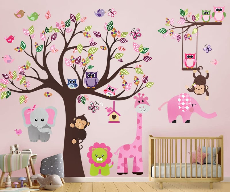 DEKOSH Kids Pink Jungle Theme Peel & Stick Girl Nursery Wall Decal  Colorful Owl Giraffe Lion Tree Decorative Sticker for Baby Bedroom  Playroom Mural