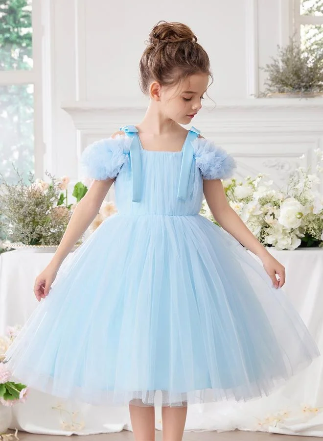 تايك تو فستان حفلات شبكي للفتيات بطبعة زهور وتفاصيل فيونكة على الكتف