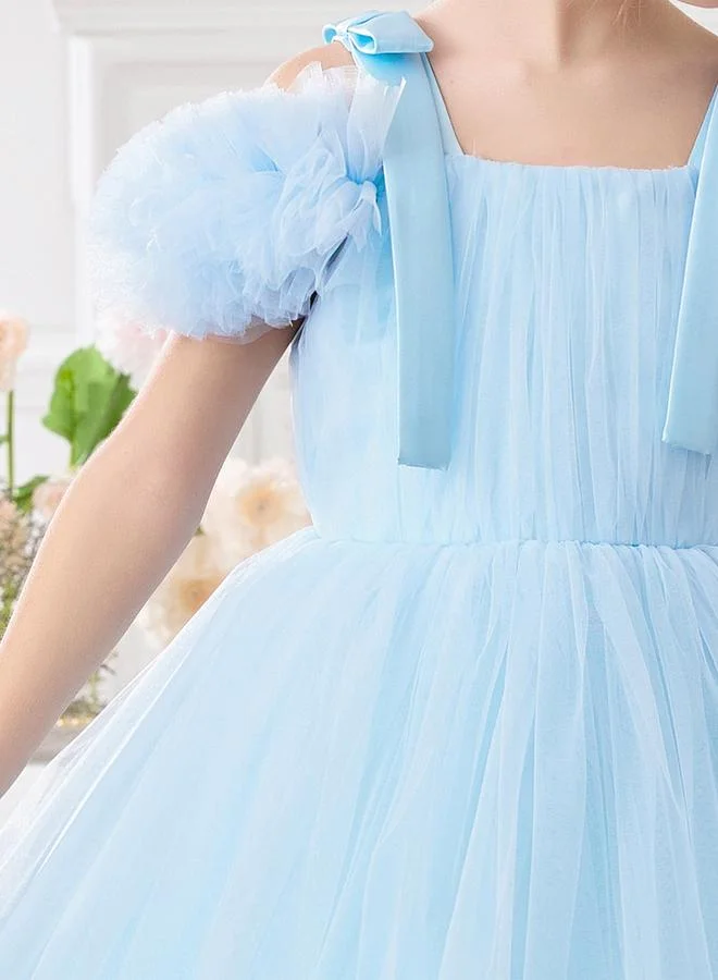 تايك تو فستان حفلات شبكي للفتيات بطبعة زهور وتفاصيل فيونكة على الكتف