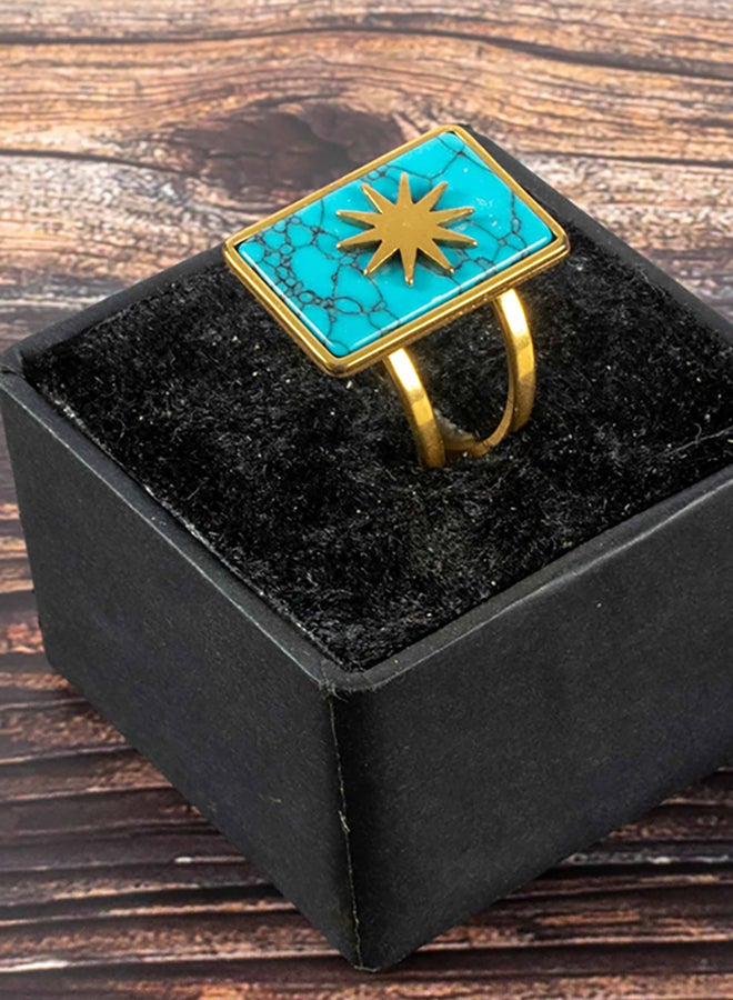 ذا بلاك بيرل اكسسوريز خاتم أستانليس ستيل ذهبي فري سايز مرصع بحجر فيروزي - Image 1