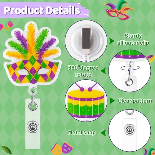 BkeeCten Mardi Gras Badge Reel - 16 Pcs Glitter Carnival Animal Design, Sparkling Retractable ID Holders with Secure Metal Clip for Office Wear, Hospital School Identification Professional Accessories - Image 3
