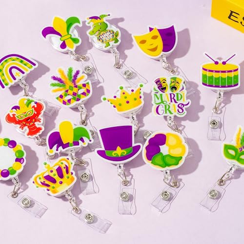 BkeeCten Mardi Gras Badge Reel - 16 Pcs Glitter Carnival Animal Design, Sparkling Retractable ID Holders with Secure Metal Clip for Office Wear, Hospital School Identification Professional Accessories - Image 4