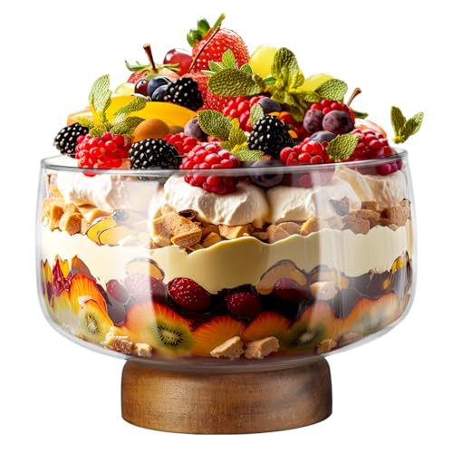 NiHome 123oz Large Glass Trifle Bowl with Elegant Acacia Wood Stand, Versatile Serving Dish for Cakes, Salads, Desserts, Stylish Display for Parties, Weddings, Special Occasions, Durable Easy to Clean - Image 1
