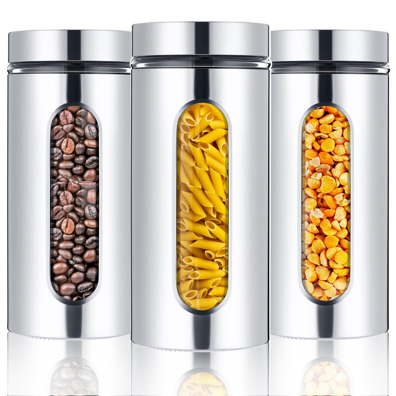 Mimorou 3 Pcs Stainless Steel Canister Set with Glass Windows Visible Storage Jars Silver Kitchen Canister Set for Pasta Flour Oat Sugar Container, Kitchen Tools, Housewarming Gifts(44 oz) - Image 1