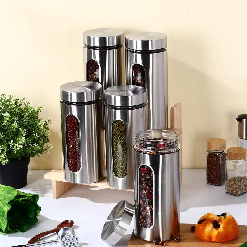 Mimorou 3 Pcs Stainless Steel Canister Set with Glass Windows Visible Storage Jars Silver Kitchen Canister Set for Pasta Flour Oat Sugar Container, Kitchen Tools, Housewarming Gifts(44 oz) - Image 3