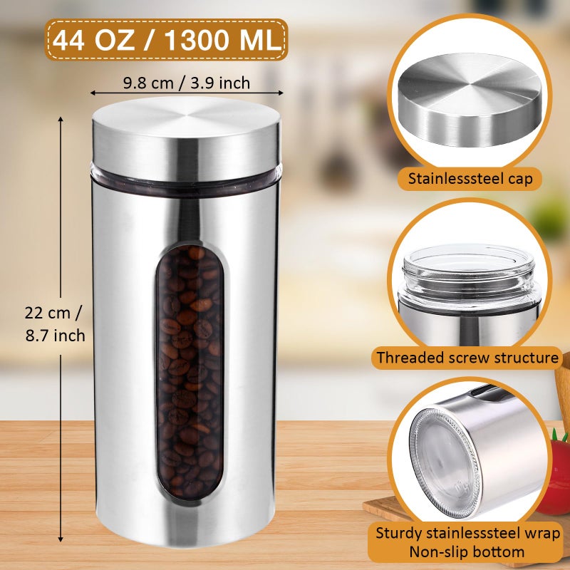 Mimorou 3 Pcs Stainless Steel Canister Set with Glass Windows Visible Storage Jars Silver Kitchen Canister Set for Pasta Flour Oat Sugar Container, Kitchen Tools, Housewarming Gifts(44 oz) - Image 2