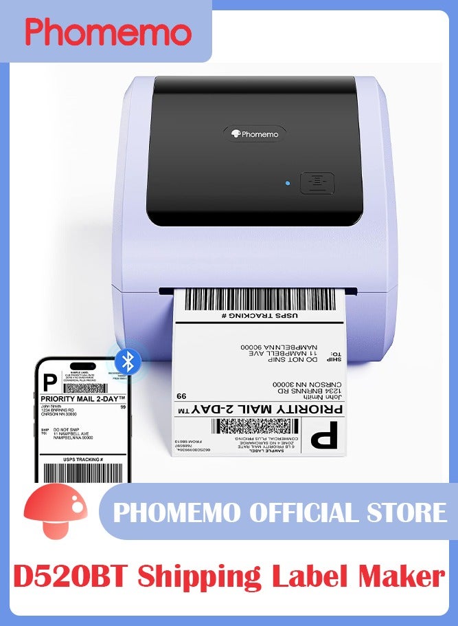 phomemo D520-BT Bluetooth Thermal Label Printer, 4x6" Wireless Shipping Label Printer Build-In Holder, Thermal Label Maker for Return Shipping Package, Compatible with PC/ IOS/ Android (Purple+White) - Image 1