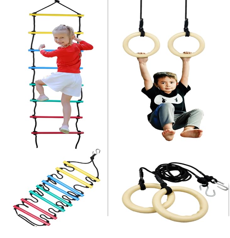 VIXERA 2in1 Swings Set Trapeze Swing bar with Rings/Climbing Rope Ladder/Combo - Image 3