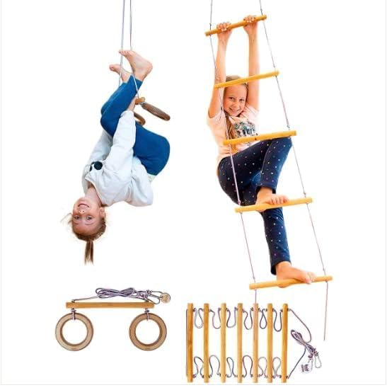 VIXERA 2in1 Swings Set Trapeze Swing bar with Rings/Climbing Rope Ladder/Combo - Image 1