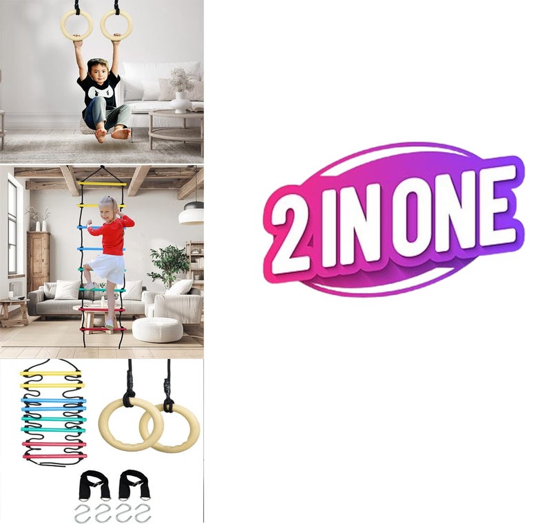VIXERA 2in1 Swings Set Trapeze Swing bar with Rings/Climbing Rope Ladder/Combo - Image 2