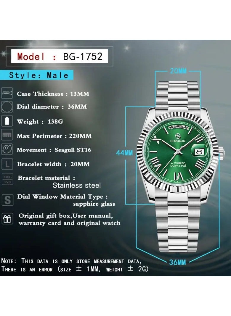 BERSIGAR - Bersigar BG-1752 Luxaura Design Stainless Steel Automatic Water Resistant Watch - Image 1
