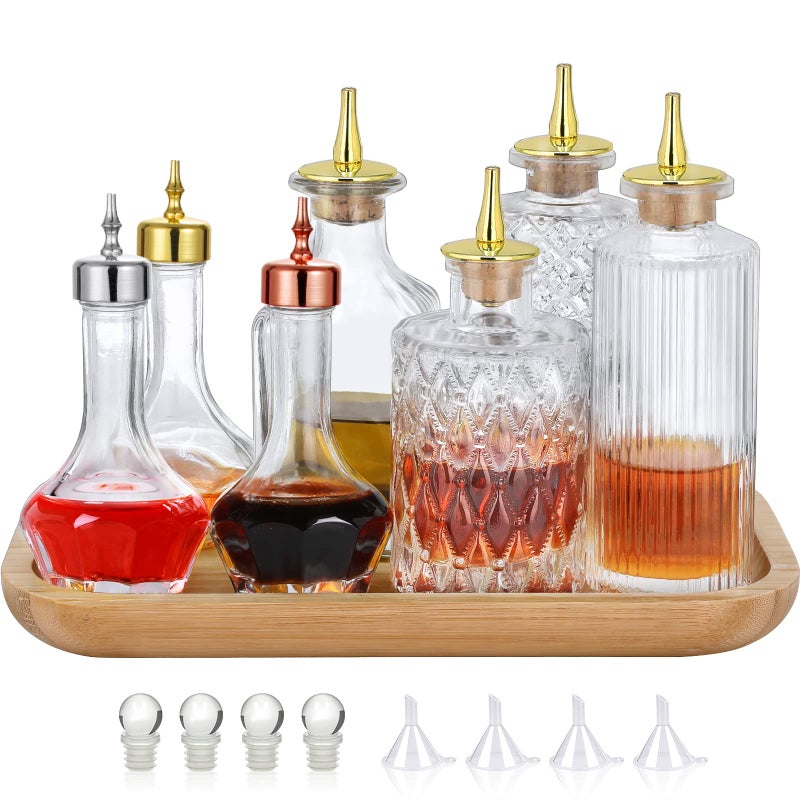 LINALL Bitters Bottle  Set of 7 Glass Dash Bottle Decorative Bottles with Dasher Top Perfect for Bartender Home Bar Cocktail