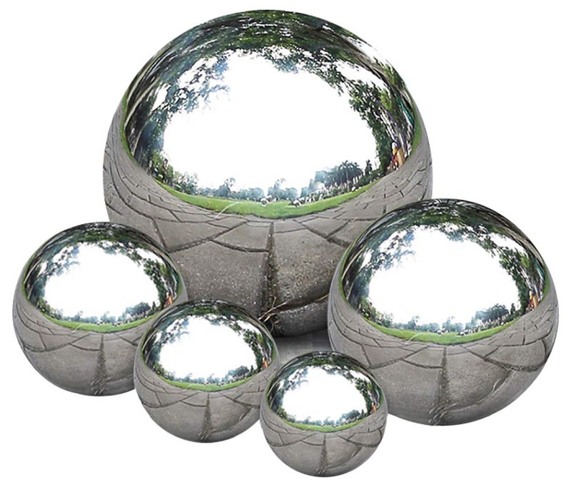 Nerien Gazing Ball, Stainless Steel Garden Mirror Globe, Polished Ornament Sphere, Hollow Floating Reflective Hemisphere, for Home Outdoor Pond Housewarming Swimming Pool Decoration, Silver, 5Pcs Mix