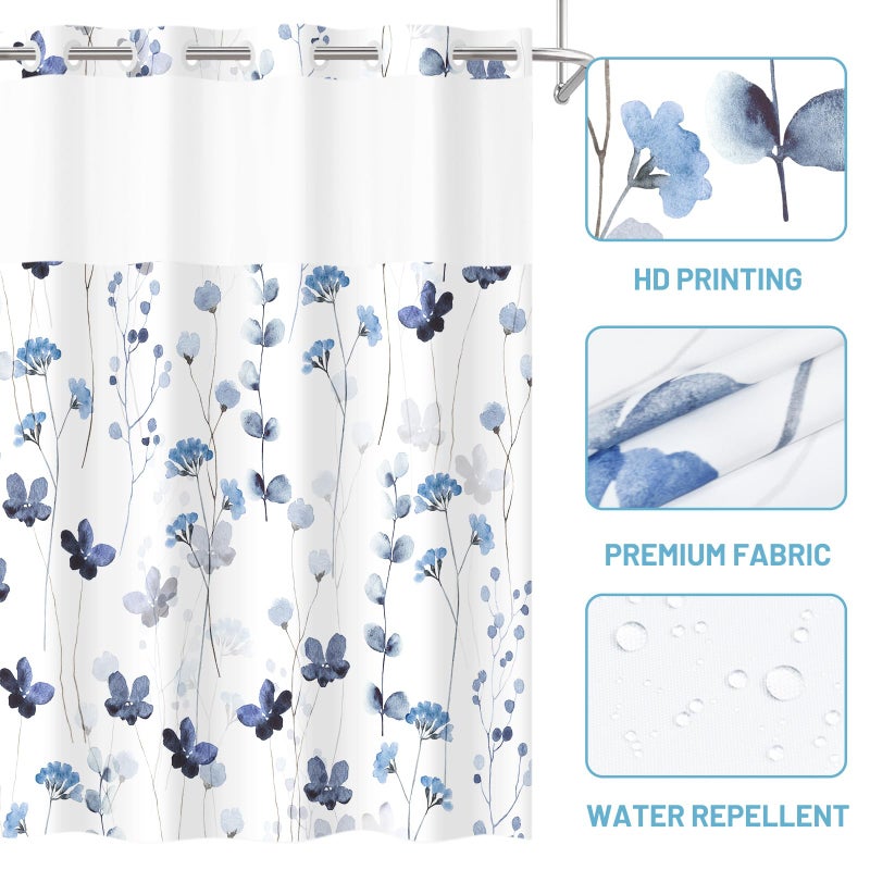 WITHLOC No Hook Shower Curtain with Snap in Liner - Watercolor Floral Shower Curtain - Fabric Waterproof Inner Liner, Plants Blue Flowers White Cloth Shower Curtains - Machine Washable, 71 x 74 - Image 4