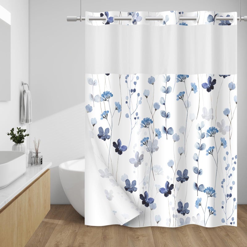 WITHLOC No Hook Shower Curtain with Snap in Liner - Watercolor Floral Shower Curtain - Fabric Waterproof Inner Liner, Plants Blue Flowers White Cloth Shower Curtains - Machine Washable, 71 x 74 - Image 1