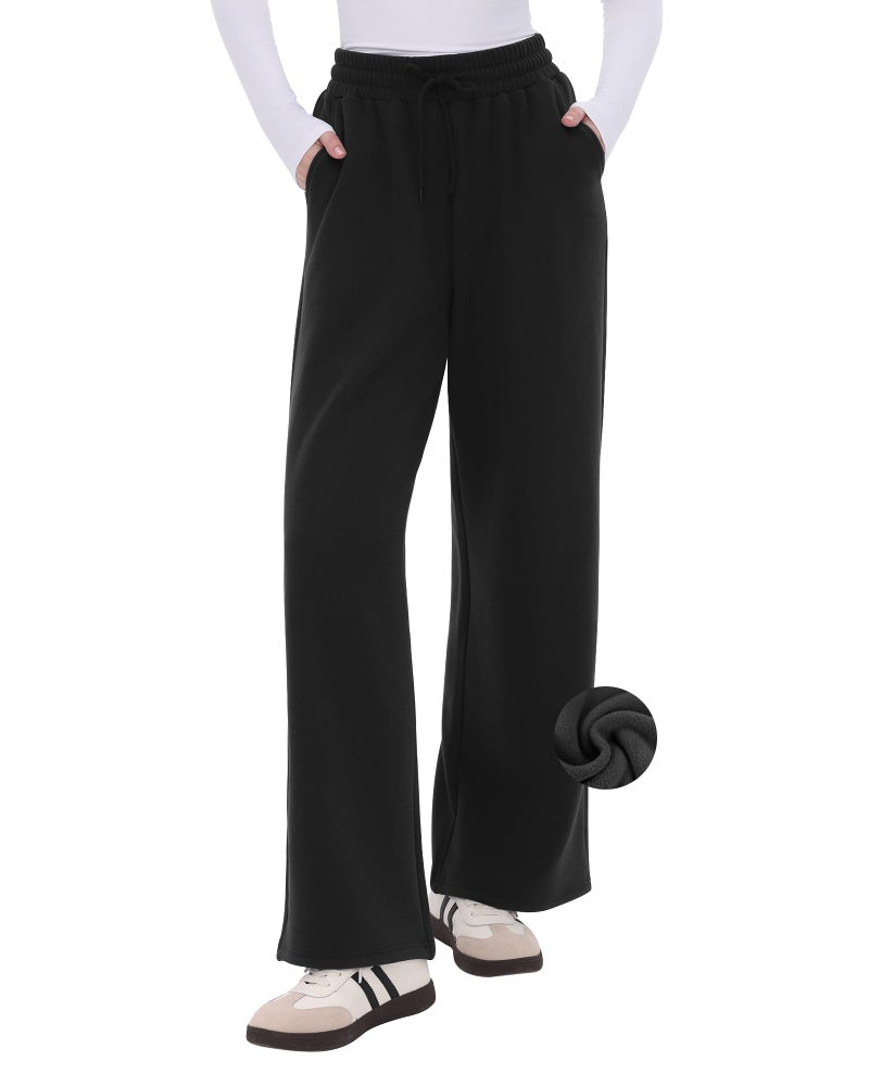 CAMPSNAIL Womens Fleece Lined Sweatpants Wide Leg Winter Warm Thermal Straight Leg Baggy Lounge Sweat Pants with Pockets Black - Image 1