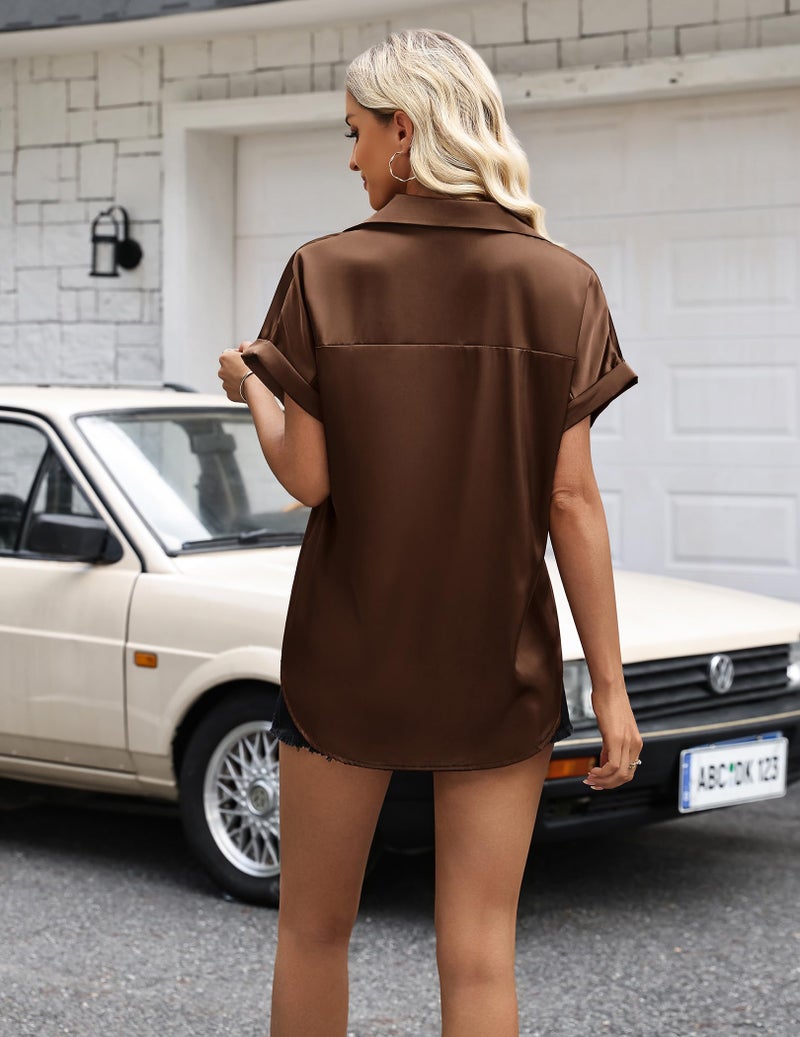 Zeagoo Women's Button-Down Short Sleeve Shirts Satin Blouses Silk Button Down Brown Tops Chocolate Brown - Image 4