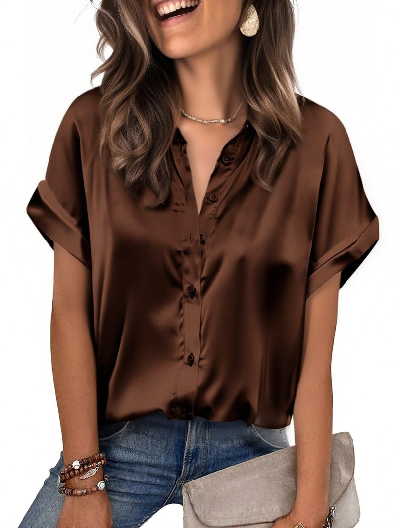 Zeagoo Women's Button-Down Short Sleeve Shirts Satin Blouses Silk Button Down Brown Tops Chocolate Brown - Image 1