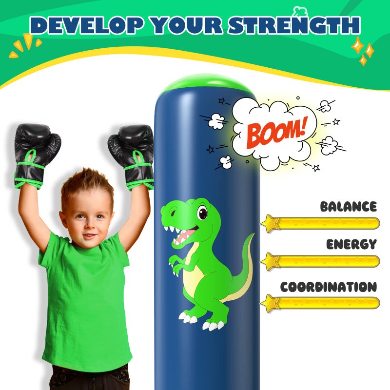 QPAU Punching Bag for Kids Dinosaur, Inflatable Boxing Bag Gifts for Boys & Girls Green - Image 2
