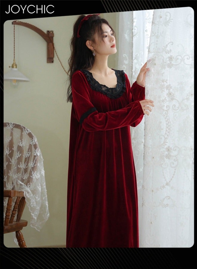 Joychic Long-sleeved Nightgown for Women Winter Palace Style Long Home Dress Gold Velvet Fabric Warm Pajamas Ladies Loose Loungewear Wine Red - Image 1