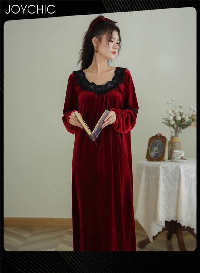 Joychic Long-sleeved Nightgown for Women Winter Palace Style Long Home Dress Gold Velvet Fabric Warm Pajamas Ladies Loose Loungewear Wine Red - Image 3