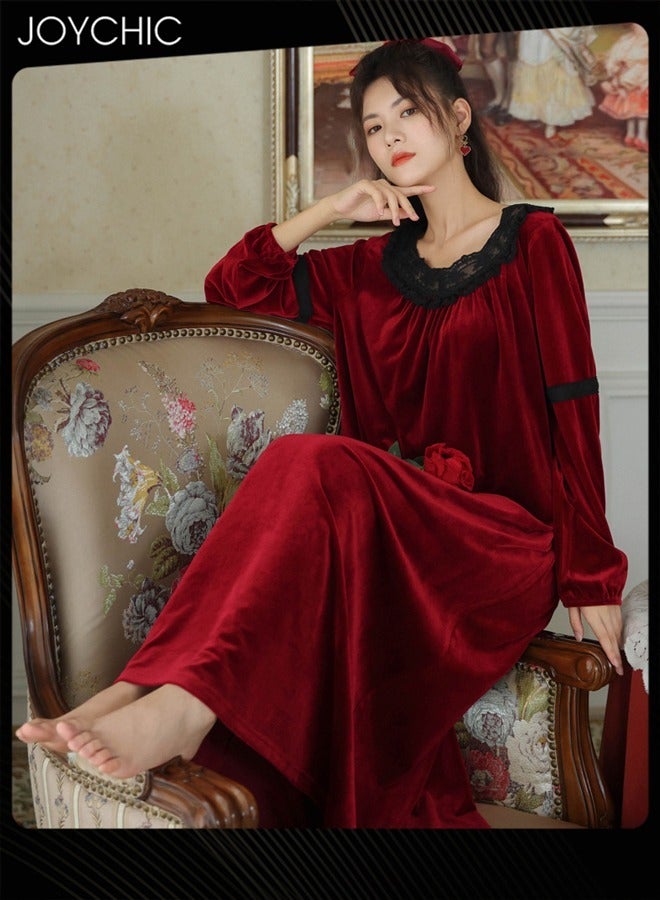 Joychic Long-sleeved Nightgown for Women Winter Palace Style Long Home Dress Gold Velvet Fabric Warm Pajamas Ladies Loose Loungewear Wine Red - Image 2