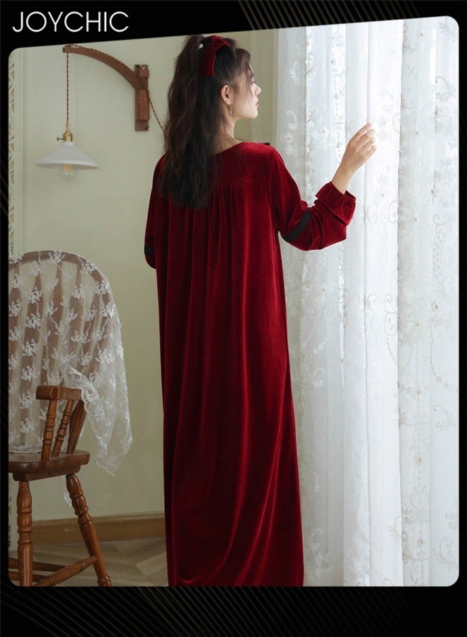 Joychic Long-sleeved Nightgown for Women Winter Palace Style Long Home Dress Gold Velvet Fabric Warm Pajamas Ladies Loose Loungewear Wine Red - Image 4